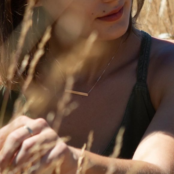 Custom 14k Gold "Serra" Bar Necklace - "INVICTUS" with blackbird - Picture 15 of 15